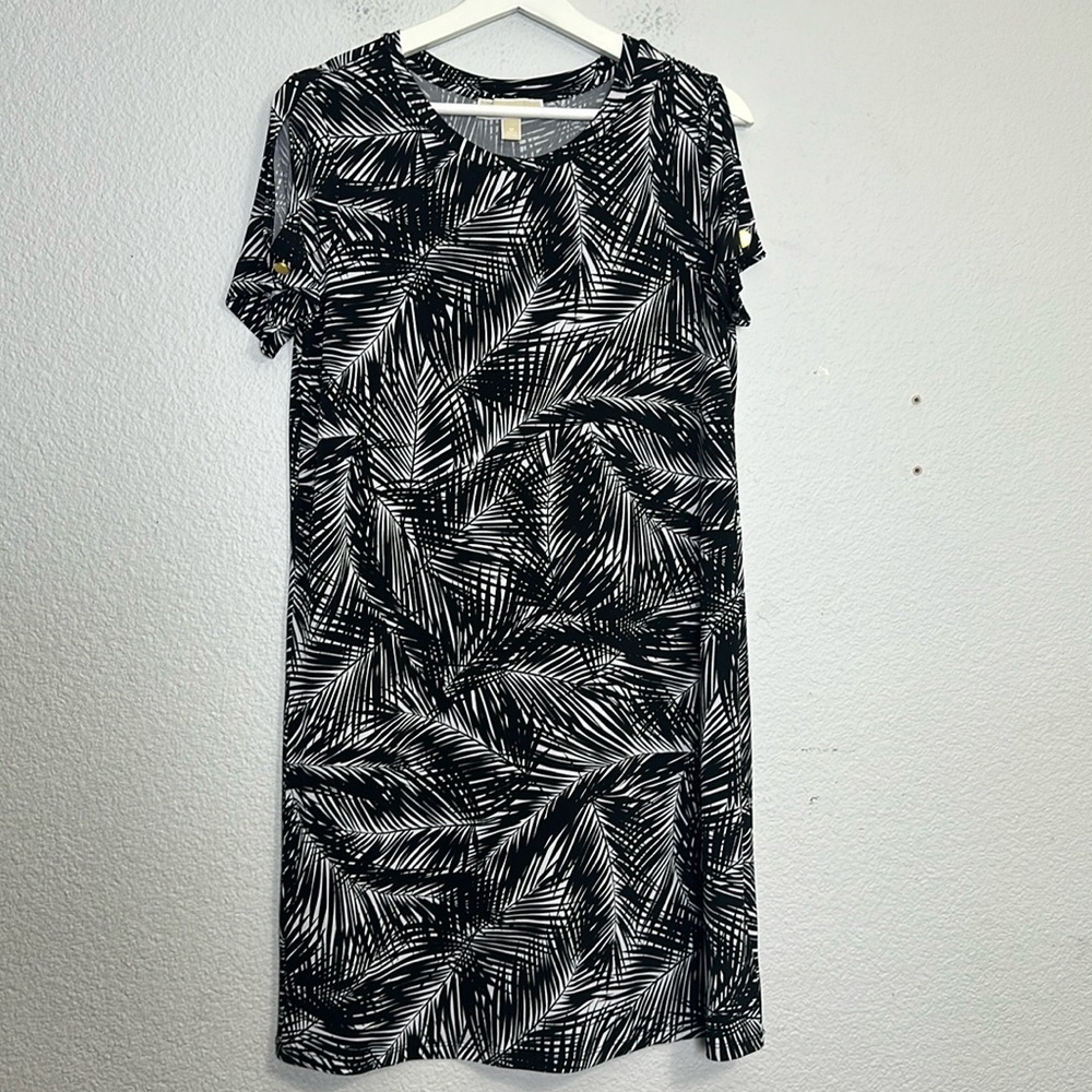 Michael Kors Palm Print Black White Short Sleeve Midi Womens Dress Size Medium